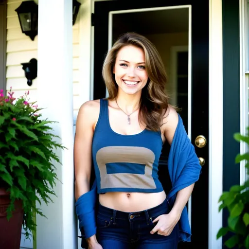 Prompt: Beautiful woman outside house, outside front door, smile, dark blond hair, tank top, tight jeans