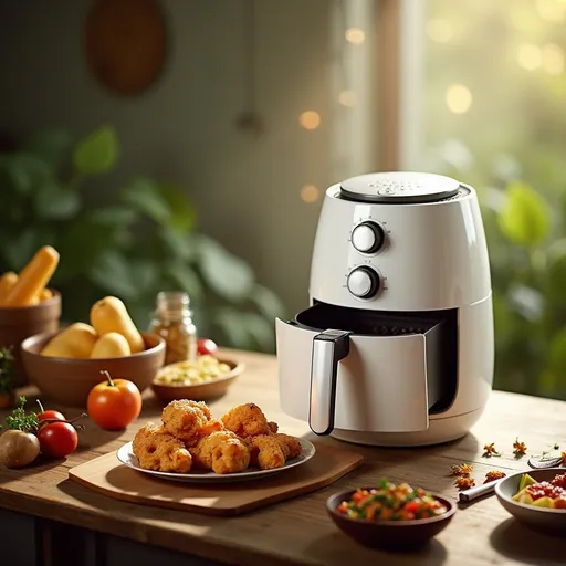 Prompt: Buat animasi promosi barang "￼HAN RIVER Air Fryer 4.2L Non-Stick Coating Oil Free Smokeless Multifunctional Cooking 800W HRAF03WT " karakter adalah seorang perempuan melayu bertudung, bercakap melayu dan video adalah dalam masa 1 minit. Background video adalah suasana rumah kampung yang dekat di hati pembeli orang melayu.