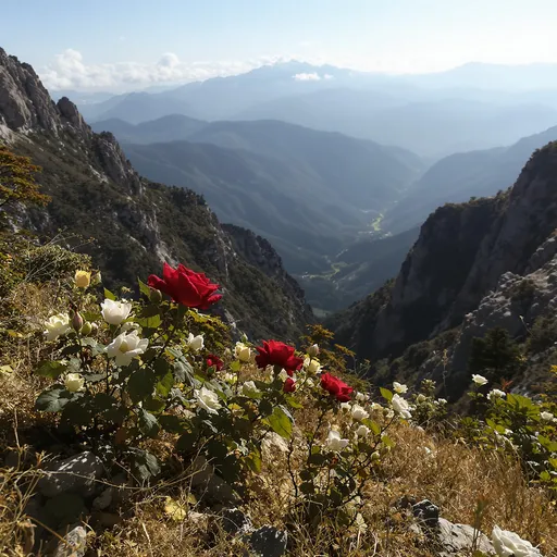 Prompt: roses growing slowly on mountainside 