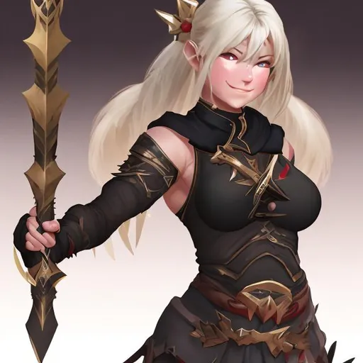 Prompt: Thick, muscular female fantasy blonde assassin with two daggers in black uniform young. Her face is warm, cute and good-hearted, she smiles and gives a warm feeling. Her outfit is fantasy. She looks very young. She is muscular, athletic.