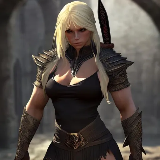 Prompt: Thick, muscular female fantasy blonde assassin with two daggers in Black uniform young