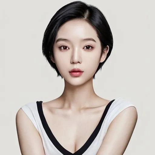 Prompt: photo of an Asian girl with short hair wearing a v-neck t-shirt, kPop style, neutral background to highlight her facial features, a medium-length straight hairstyle, a side parting, no distortion or blur effects --ar 1:2 --stylize 750 --V6.0