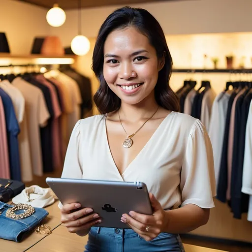 Prompt: Cinestill 800T photo of a female Filipino professional in her 30s who opened an  online store selling clothes and jewelry. Can you show her using an iPad, in lots of natural light, and a warm and inviting smile on her face. I want to show that she's technologically savvy and that she owns the business. 