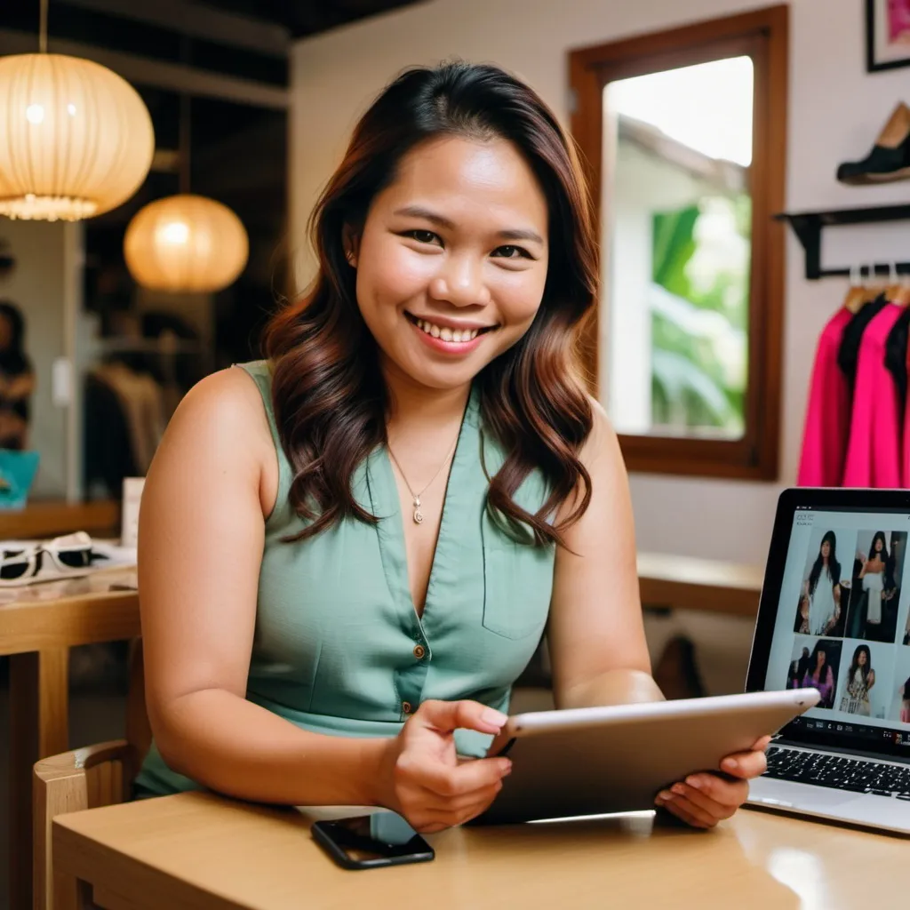 Prompt: Cinestill 800T photo of a Filipino professional in her 30s who opened an  online store selling clothes and jewelry. Can you show her using an iPad, in lots of natural light, and a warm and inviting smile on her face. I want to show that she's technologically savvy and that she owns the business. 