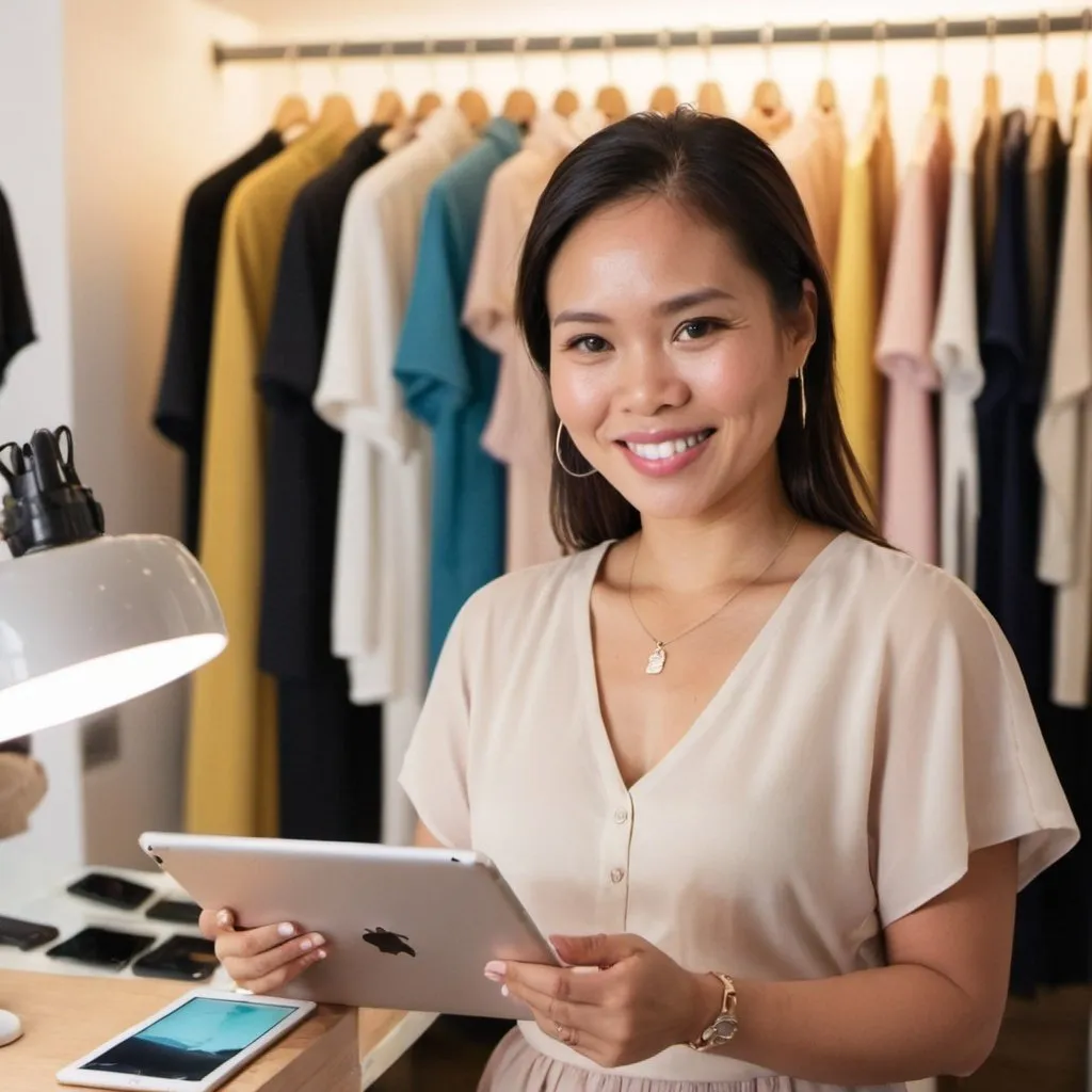 Prompt: Cinestill 800T photo of a female Filipino professional in her 30s who opened an  online store selling clothes and jewelry. Can you show her using an iPad, in lots of natural light, and a warm and inviting smile on her face. I want to show that she's technologically savvy and that she owns the business. 