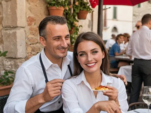 Prompt: The man on the picture is sitting on a terras in Italy and is getting served by the most beautifull waitress. The 2 are smiling at eachother like there is love in the air.