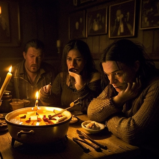 Prompt: Miserable people eating fondue
