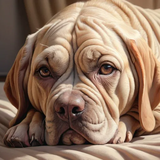 Prompt: High-resolution digital painting of a wrinkly dog, detailed wrinkles and folds, realistic texture, warm and cozy atmosphere, adorable expression, soft pastel color palette, gentle lighting, 4k, ultra-detailed, digital painting, realistic, cozy atmosphere, detailed wrinkles, adorable, warm tones, gentle lighting
