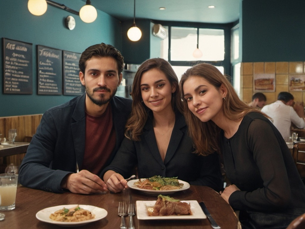 Prompt: a man and two women are posing for a picture in a restaurant with food on the table and a menu behind them, Diego Gisbert Llorens, incoherents, foto realistic, a pastel