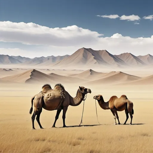 Prompt: mongolian gobi with Camelus ferus digital art 

