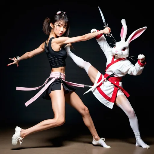 Prompt: Gorgeous elegant fit beautiful skinny Japanese girl wearing a very short skirt and loose top doing a split kick against a ninja bunny with scissors for claws.