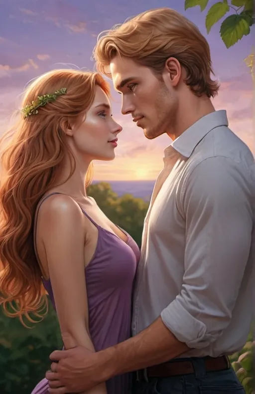 Prompt: Full body illustration of a handsome man and a beautiful woman gazing into each other's eyes, man has chestnut hair, hazel eyes, woman has strawberry-blonde hair, green eyes, purple sky background, romantic, detailed facial features, highres, realistic, romantic, full body size, detailed eyes, professional, atmospheric lighting