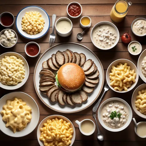 Prompt: Visual Elements:
Background: A warm, inviting kitchen setting or a rustic wooden kitchen table.
Main Image: A collection of classic American dishes, such as a burger, macaroni and cheese, a bowl of clam chowder, and a hearty Southern dish.
Overlay Text: "American Kitchen" prominently at the top or center of the image.
Additional Text: "Delicious Recipes and Cooking Tips" in a smaller font.
Colors: Use warm, cozy colors like deep reds, rich browns, and creamy whites to evoke a homely feel.
Style: The style should be clean and inviting, with high-quality images of the food that look both appealing and appetizing.
Alt Text: "American Kitchen: Classic American recipes and cooking tips with images of popular dishes like burgers, mac and cheese, and clam chowder."
Design Notes:

Ensure the text is clear and easy to read against the background.
Use a combination of rustic and modern elements to reflect the tradition and versatility of American cuisine.