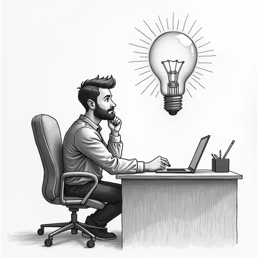 Prompt: A a black and whicte pencil drawn engineer is sitting next to it's desk , thinking about a new IDEA, we can see the the working idea as a set of geers moving in the air , at the end of the geer set we can see a small wir condition scheme which looks like the product form his thinking process