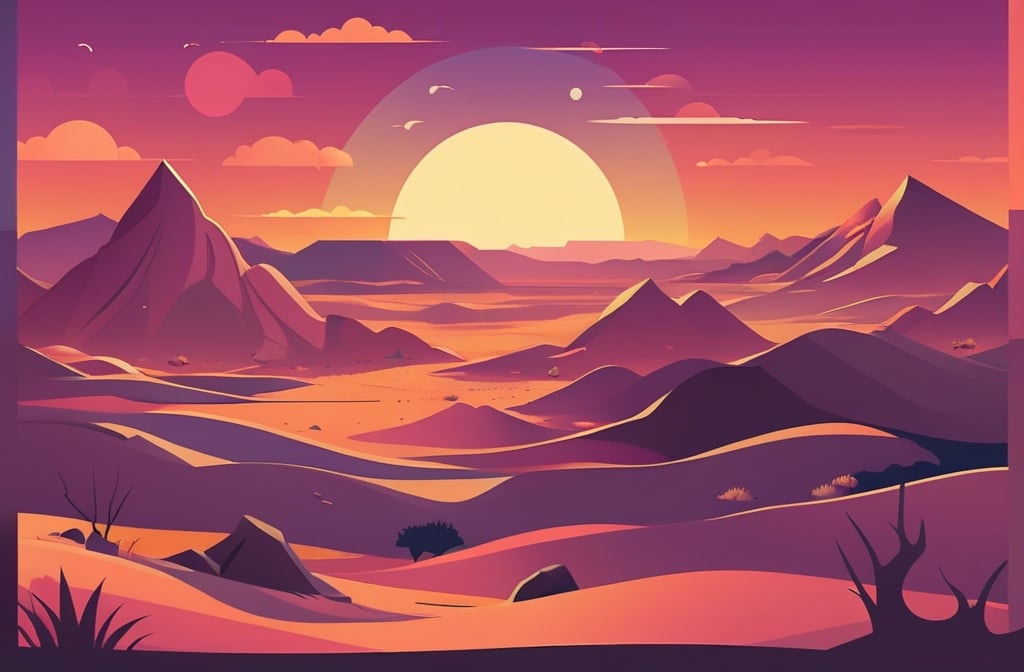 Prompt: illustration flat design,simple shapes,vector,colorful,2D,desert landscape,aspect ratio 4 X 1