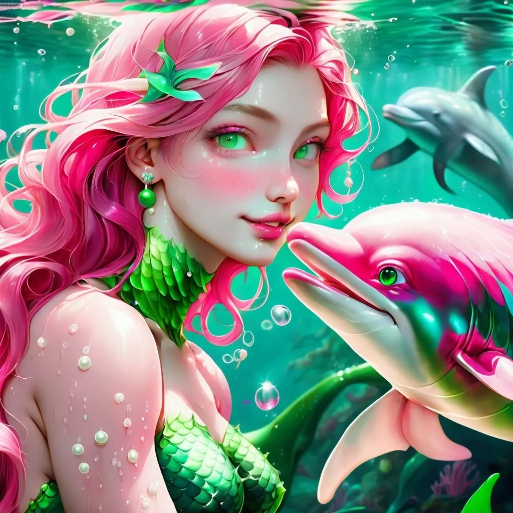 Prompt: Realistic mermaid with pink dolphin in ocean background, human-like face and body, green tail with pearls, realistic, pink dolphin, underwater scene, detailed scales, oceanic ambiance, high quality, realistic, detailed, underwater, pearl tail, pink dolphin, serene atmosphere, aquatic lighting