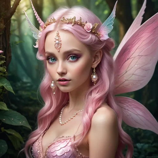 Prompt: Glamour photography of a stunning fairy with a lustrous pink wings, detailed and hyper-realistic, accompanied by a unicorn, mesmerizing and beautiful, glistening pearls adorning her hair, highres, ultra-detailed, forest fantasy, detailed scales, glamorous, elegant lighting, vibrant colors, detailed eyes, professional, opulent atmosphere, detailed background, detailed face and features