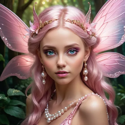 Prompt: Glamour photography of a stunning fairy with a lustrous pink wings, detailed and hyper-realistic, mesmerizing and beautiful, glistening pearls adorning her hair, highres, ultra-detailed, forest fantasy, detailed scales, glamorous, elegant lighting, vibrant colors, detailed eyes, professional, opulent atmosphere, detailed background, detailed face and features