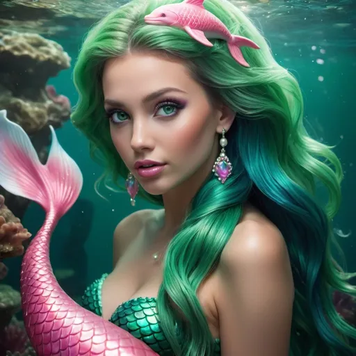 Prompt: Glamour photography of a stunning mermaid with a lustrous green tail, detailed and hyper-realistic, accompanied by a pink dolphin, mesmerizing and beautiful, glistening pearls adorning her hair, highres, ultra-detailed, underwater fantasy, detailed scales, glamorous, elegant lighting, vibrant colors, detailed eyes, professional, opulent atmosphere