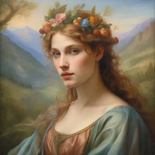 Prompt: Painted portrait of a fairy in the style of Renaissance painter Raphael, detailed facial features, ethereal and graceful pose, vibrant and luxurious oil painting, majestic mountains in the background, soft and delicate brushstrokes, high quality, renaissance style, fairy, detailed portrait, oil painting, majestic mountains, graceful pose, delicate brushstrokes, vibrant colors, luxurious, ethereal