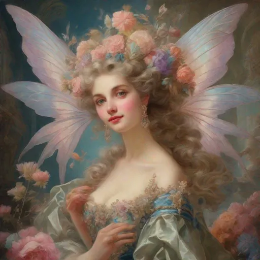 Prompt: Rococo-era oil painting of a luxurious fairy portrait, intricate floral patterns, opulent dress details, rich pastel color palette, delicate fairy wings, ornate hair accessories, high quality, detailed brushwork, Rococo style, luxurious clothing, floral patterns, pastel colors, fairy wings, opulent details, oil painting, intricate, elegant lighting