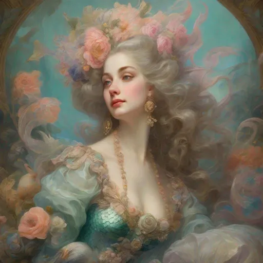 Prompt: Rococo-era oil painting of a luxurious mermaid portrait, intricate floral patterns, opulent dress details, rich pastel color palette, delicate mermaid tail, ornate hair accessories, high quality, detailed brushwork, Rococo style, luxurious clothing, floral patterns, pastel colors, fairy wings, opulent details, oil painting, intricate, elegant lighting