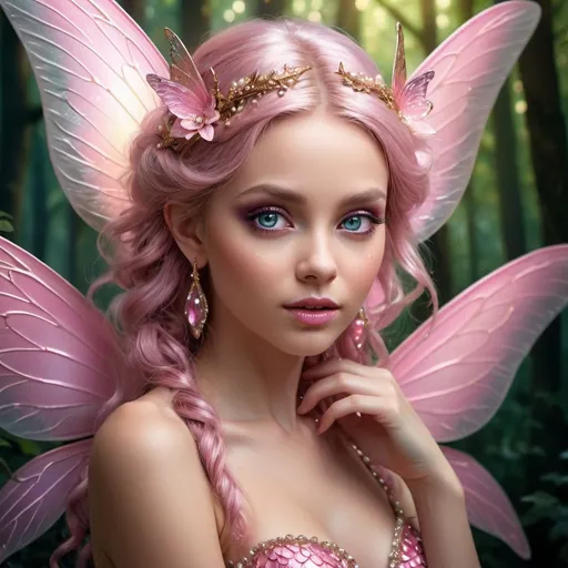 Prompt: Glamour photography of a stunning fairy with a lustrous pink wings, detailed and hyper-realistic, mesmerizing and beautiful, glistening pearls adorning her hair, highres, ultra-detailed, forest fantasy, detailed scales, glamorous, elegant lighting, vibrant colors, detailed eyes, professional, opulent atmosphere, detailed background, detailed face and features