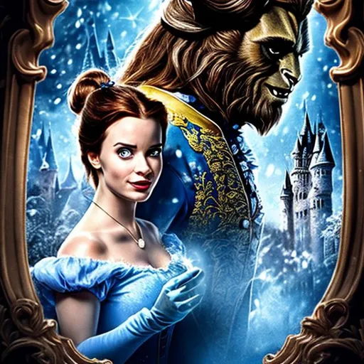 Prompt: cinderella & the beauty and the beast horror movie poster mash up