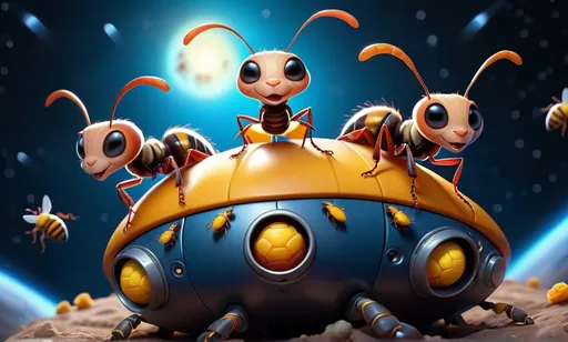 Prompt: a group of realistic cute ants and bees ride a spaceship in deep space under blue and dark sky