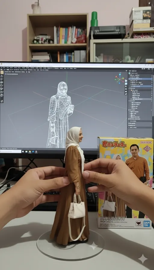 Prompt: There are two hands lifting the status while turning it left and right after puting it back down