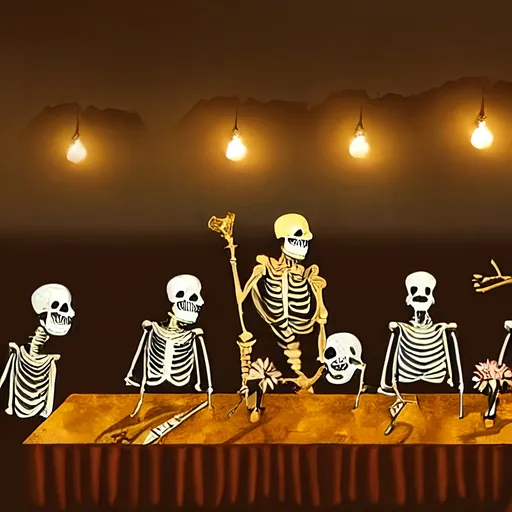 Prompt: Skeletons at an outside banquet, fancy attire, elegant decorations, high quality, oil painting, vintage style, warm tones, golden lighting, detailed bone structure, extravagant setting, exquisite table setting, sophisticated, classy, vintage fashion, outdoor dining, atmospheric lighting