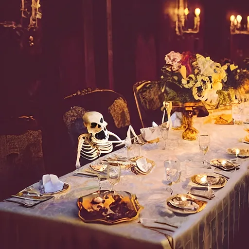 Prompt: Skeletons at an outside banquet, fancy attire, elegant decorations, high quality, oil painting, vintage style, warm tones, golden lighting, detailed bone structure, extravagant setting, exquisite table setting, sophisticated, classy, vintage fashion, outdoor dining, atmospheric lighting