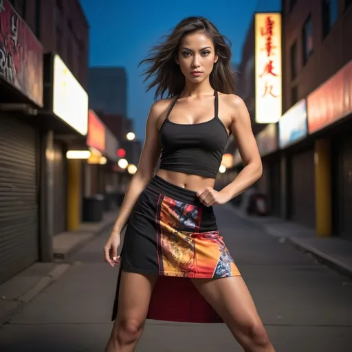 Prompt: (fiercely happy pretty woman), wearing a stylish tube top and knee-high skirt, infused with a martial arts aesthetic, dynamic urban backdrop, (vibrant colors), sunlight casting dramatic shadows, capturing the energy of downtown NIGHT life, (highly detailed), conveying a sense of strength and concentration, showcasing the stylish fusion of fashion, martial arts and high heels. She looks like she is ready for a fight.