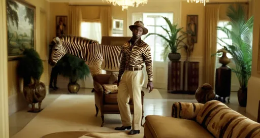 Prompt: A handsome man, dressed in a stylish safari outfit, in a opulent living room, with a zebra walking in the background.