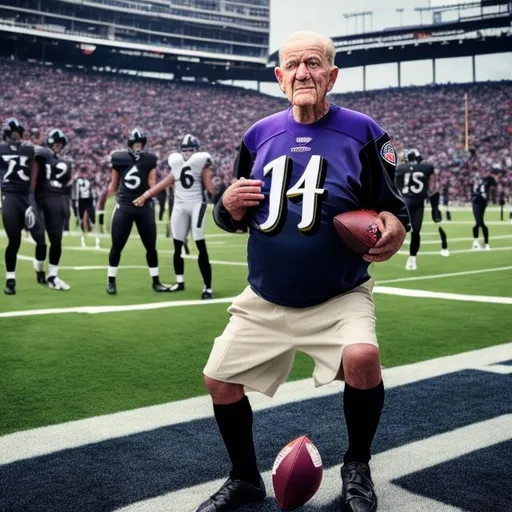 Prompt: super old man with a nfl ravens jersey on number 14 on a football field with a football in his hand