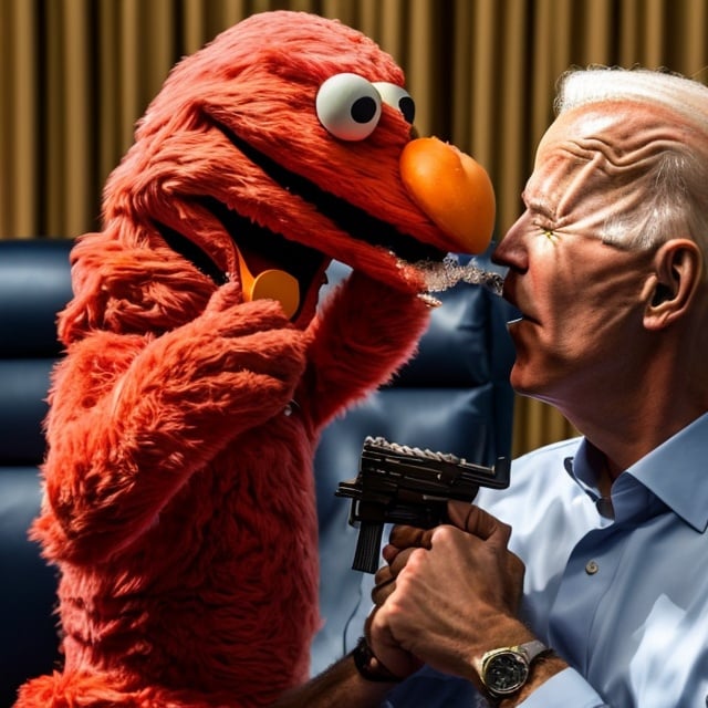 Prompt: Elmo eating an AK-47 Infront of joe biden