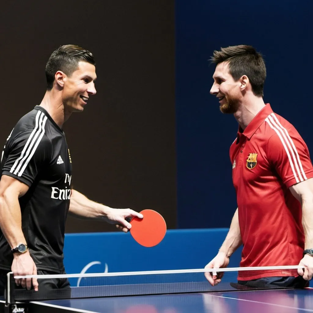 Prompt: cristiano ronaldo and lionel messi play table tennis