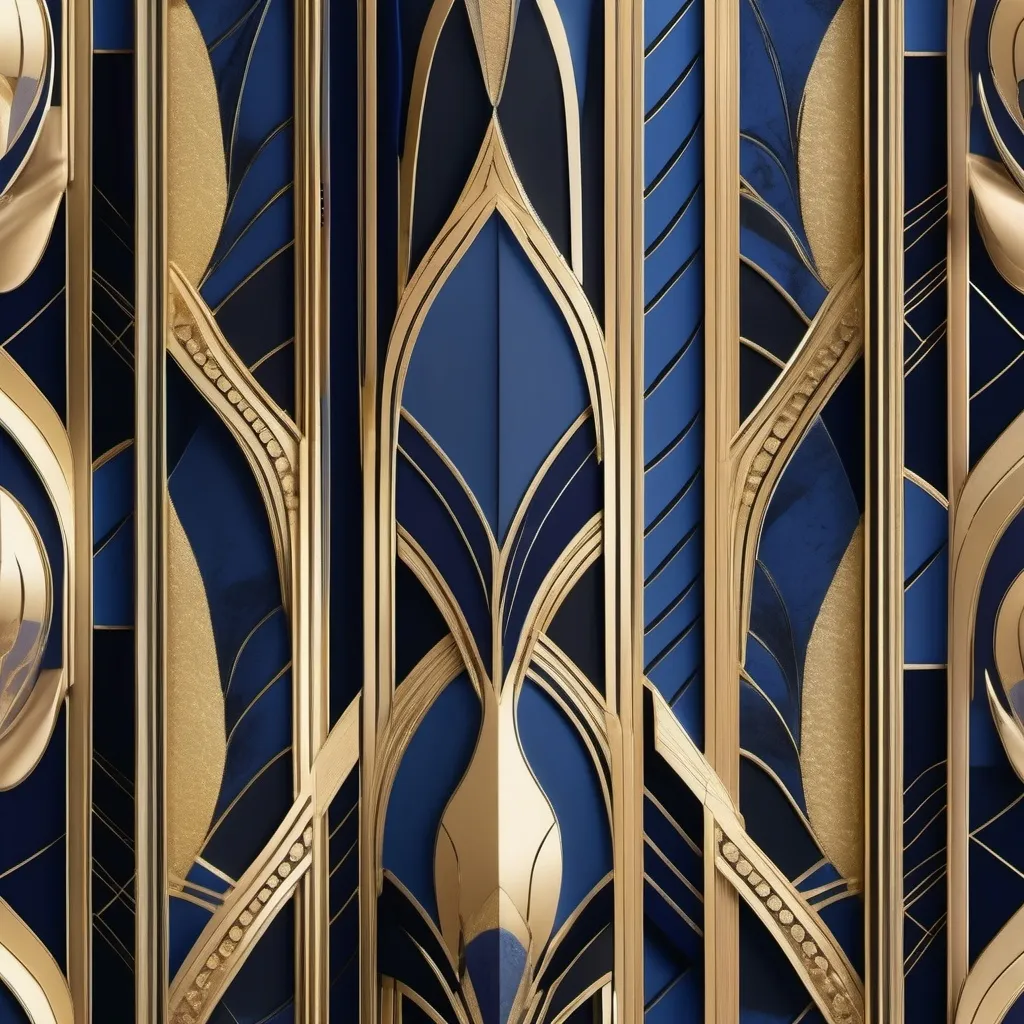 Prompt: (art deco style), intricate geometric shapes, touches of gold wallpaper, blue and silver accents, mesmerizing patterns, flowing curves, elegant design elements, whimsical forms, high contrast between light and shadow, ethereal atmosphere, sophisticated, luxurious tone, ultra-detailed, visually stunning composition.