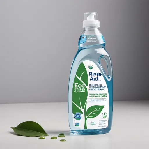 Prompt: “Create a label for a dishwasher rinse aid bottle. The product is 100% natural, eco-friendly, and made from plant-based derived ingredients. The design should be modern and clean, with an emphasis on sustainability and environmental friendliness. Use green and blue colors to represent nature and water. Include the following text: ‘100% Natural’, ‘Eco-Friendly’, ‘Plant-Based Ingredients’, and ‘Dishwasher Rinse Aid’. The label should also have space for a brand name, a short tagline, and some small icons representing eco-friendliness (like a leaf, water droplet, or recycling symbol). Additionally, include a message or visual element that conveys that dishes and glassware are left sparkling clean. Ensure the design is visually appealing and professional.”
