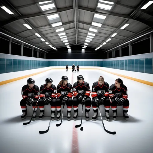 Prompt: Make a real image of a hockey player who is profoundly lonely sitting amongst five other hockey players, three female.  The scene is a ice hockey rink but instead of walls, it is in the middle of a desert
