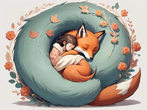Prompt: A small girl peacefully sleeping on a giant fox guardian, the fox and its tail encircling the girl. The style is ethereal anime.