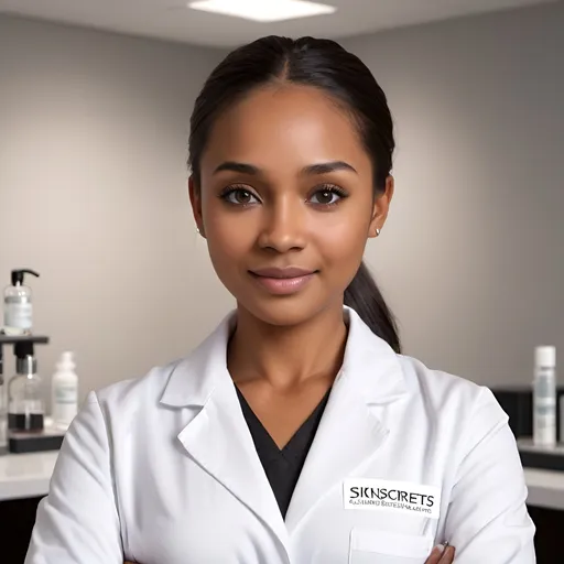 Prompt: Realistic image of a brown-skinned lady, round face, black ponytail, white lab coat with 'SkinSecrets' inscription, skincare lab, folding hands, high-quality, realistic, professional, lab setting, detailed facial features, skin science, lab equipment, natural lighting, calm and professional demeanor