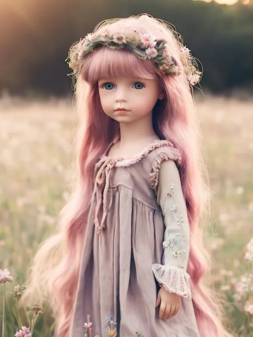 Prompt: Portrait sweet dreamy child girl doll with closed lips and soft glass eyes, pink hair with bangs and small white wildflowers in hair.  victorian hobo tan mauve dress, child’s body, Ball jointed doll, woodland background 