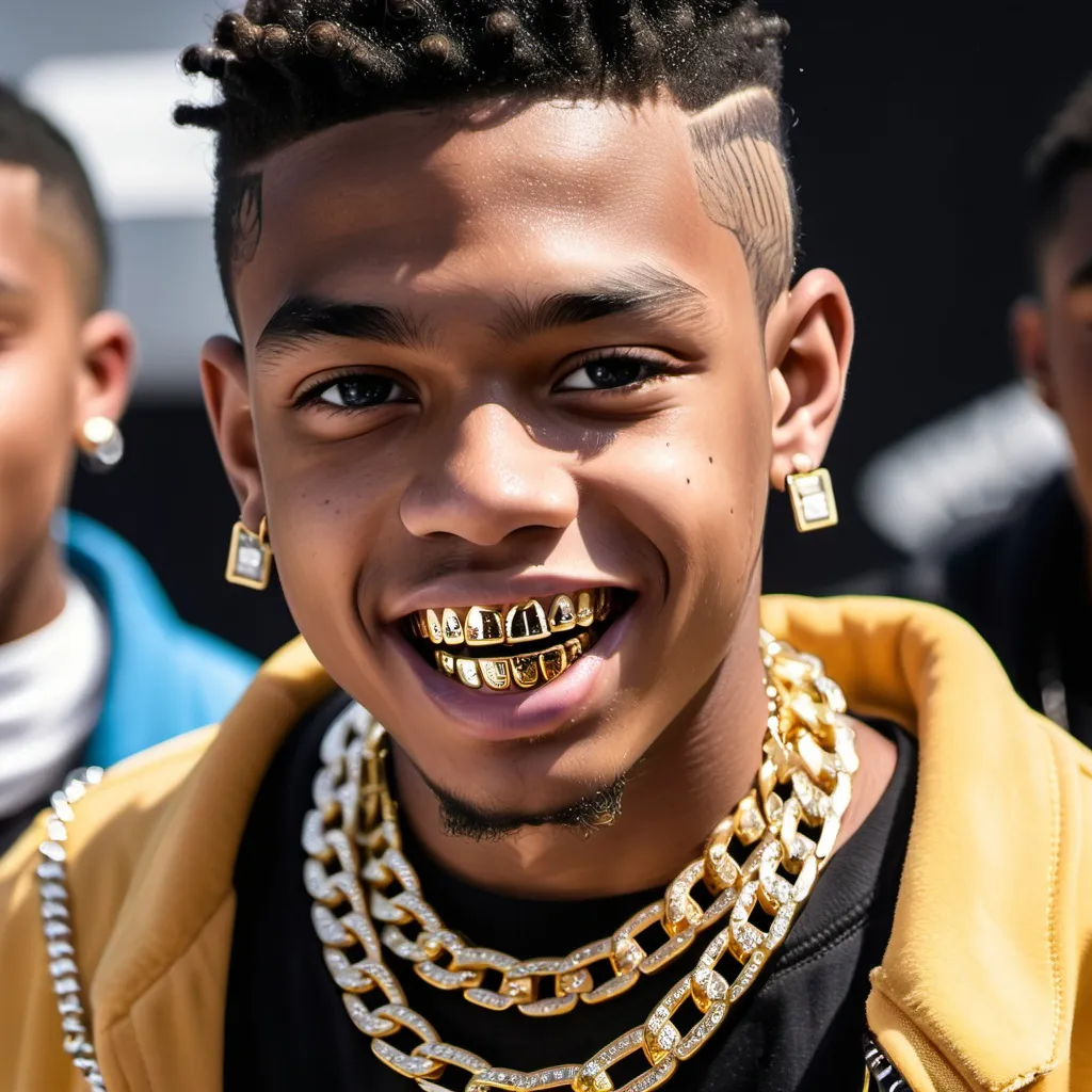 Prompt: A teenboy rapper in ice chain and gold grillz