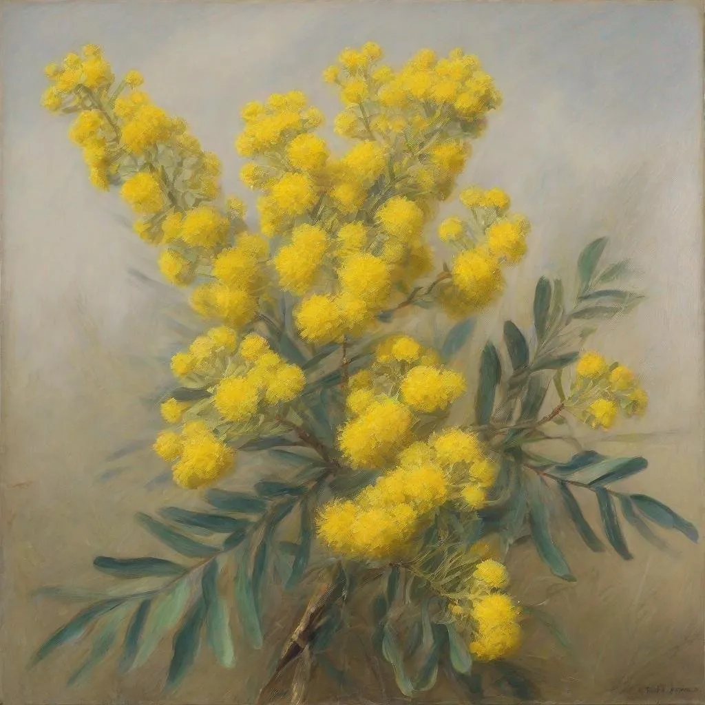 Prompt: An oil painting of wattle flowers, isolated. By [Henry Turner|Ethel Carrick fox]