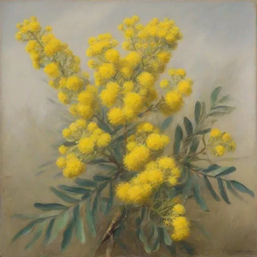 Prompt: An oil painting of wattle flowers, isolated. By [Henry Turner|Ethel Carrick fox]