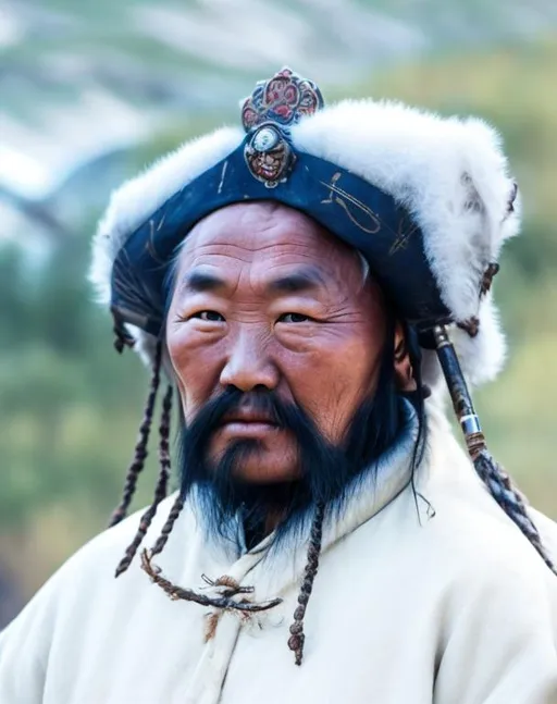 Prompt: mongolian old warrior hunter minister guide a sparsely beard 