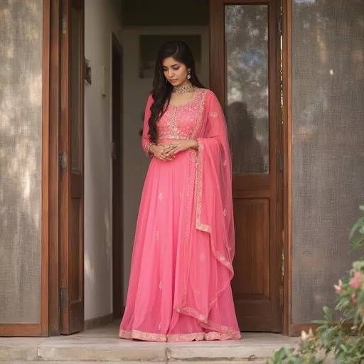 Prompt: Standing gracefully at the entrance of a home, a young woman wears a vibrant pink traditional outfit adorned with intricate golden embroidery. Her long dark hair cascades down, contrasting with her attire, while she appears contemplative, gazing downwards with a subtle expression. The entryway features wooden doors framed with a mesh overlay, creating a cozy yet stylish atmosphere, complemented by the smooth stone steps beneath her. Natural light bathes the scene, enhancing the radiant pink tones of her ensemble. The overall mood conveys elegance and tradition, echoing a sense of cultural pride in a serene domestic setting.