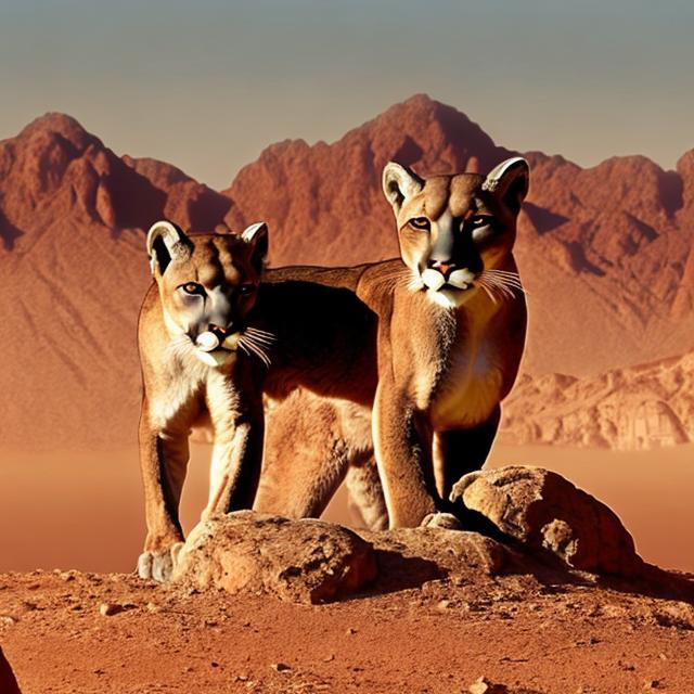 Prompt: Mountain Lion with horns....
Two siblings in Arabic robes crossing a desert with a dusty atmosphere, scorching radiating sun, jagged rocks