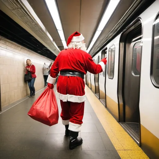 Prompt: santa claus going into the subway with a bag of gifts
